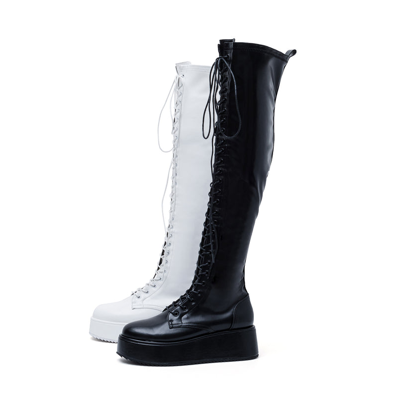 プラットフォームレースアップロングブーツ/Platform Lace-Up Long Boots(Black)
