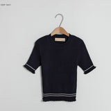 (T-6415) Metal line frill slim knitwear (6698290806902)