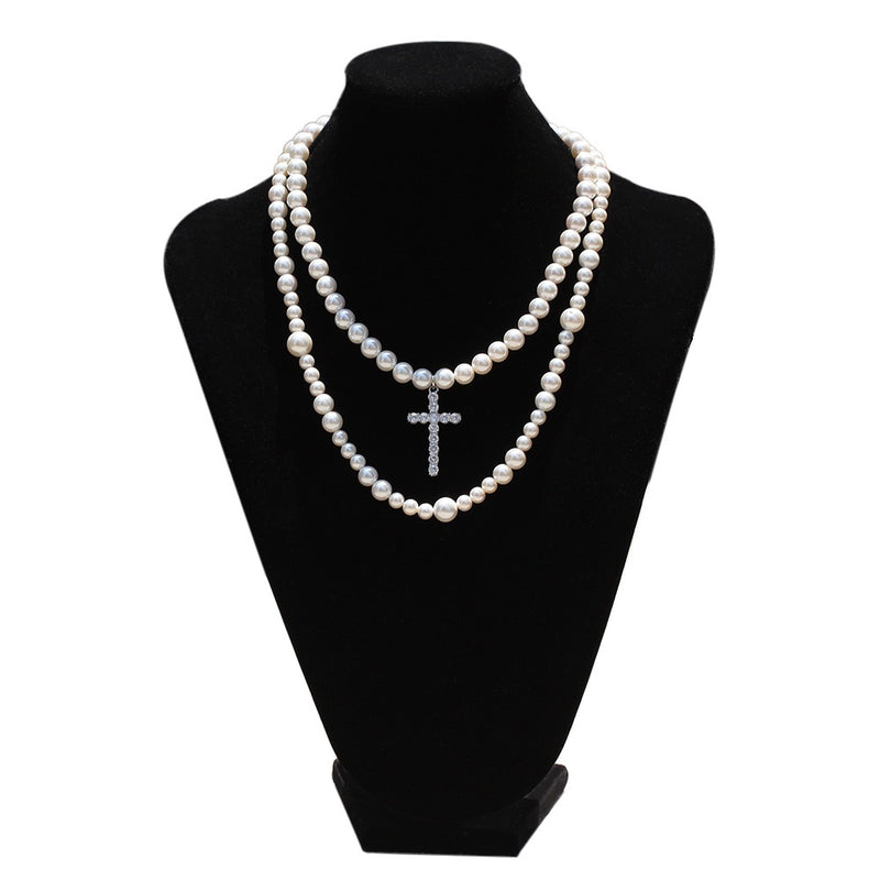 DOUBLE LAYER PEARL CROSS NECKLACE (6684445999222)