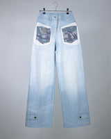 ブルーカモフラージュパッチワイドデニムジーンズ/Blue Camouflage Patch Wide Denim jeans