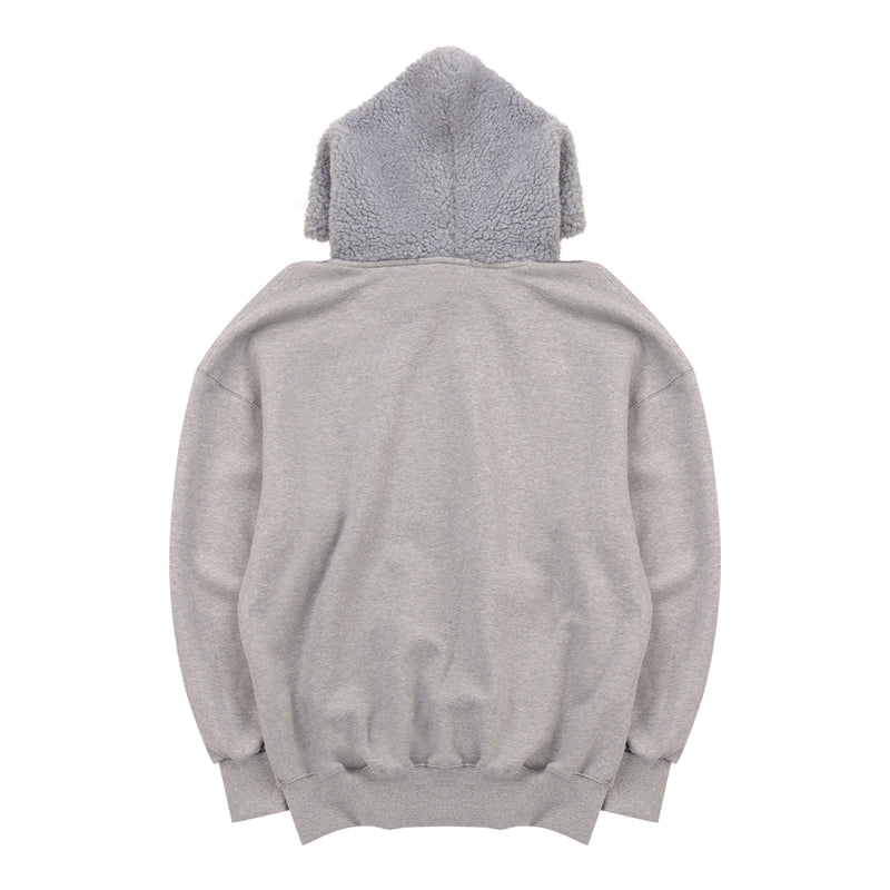 [UNISEX] Faux Shearling-Trimmed Cotton-Jersey Hoodie (Grey) (6656663257206)