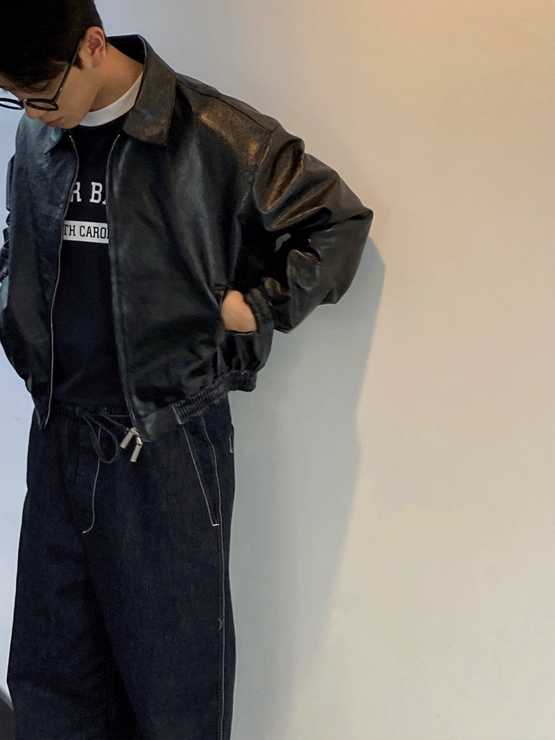 グロッシーレザークロップジャンパー / Glossy leather crop jumper (3color)