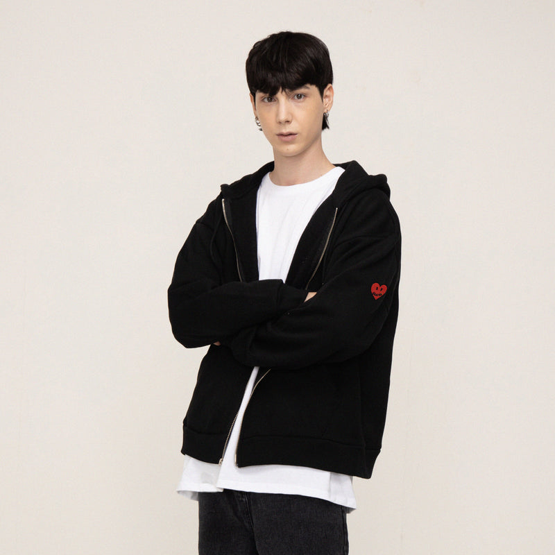 [UNISEX] Sleeve heart logo smile embroidery white clip hoodie zip-up (6658856091766)