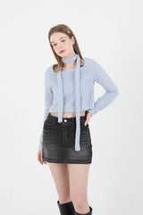 Square Neck Fur Knit T-shirt Muffler Set SkyBlue