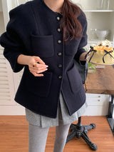 Wool round no-collar semi coat