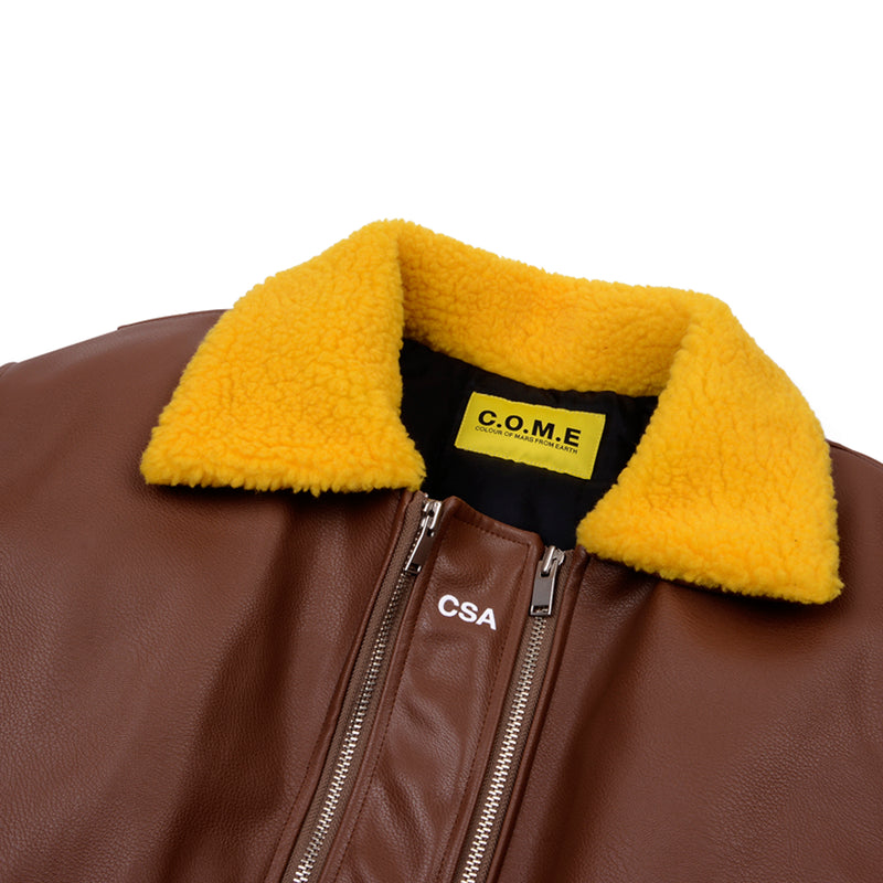 [UNISEX] Faux-Shearling and Leather Coat (Brown) (6656031850614)