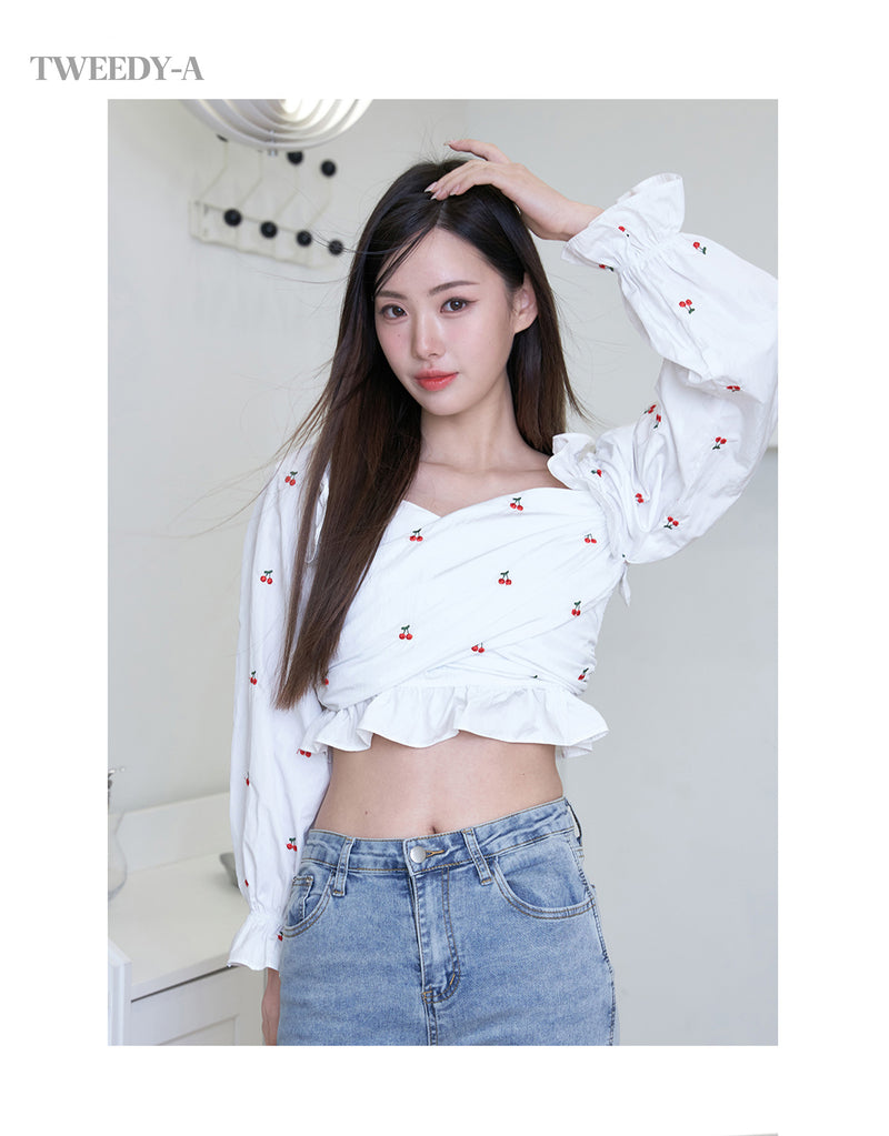 Cherry embroidered off-shoulder blouse White