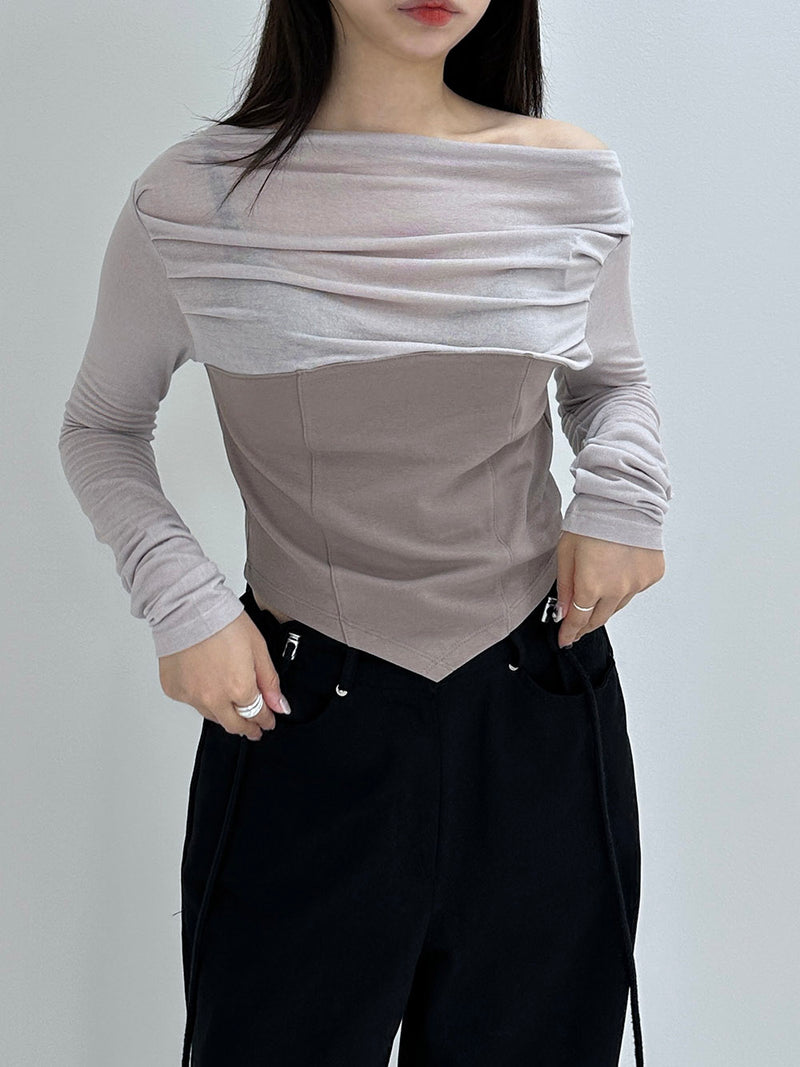 シャーリングオフショルダーTシャツ / Shirring off shoulder Tee (2color)
