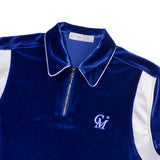 レザートリムベロアジップアップポロシャツ/[UNISEX] Leather-Trimmed Velour Zip Polo (Blue)