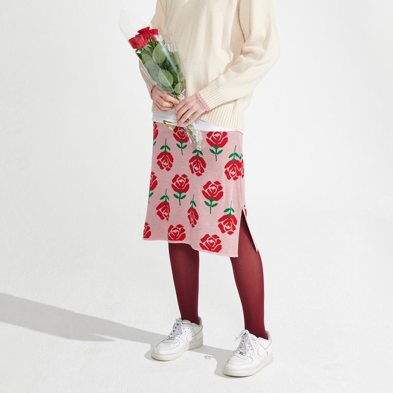 Rose pattern Knit Skirt [Pink] (6610299158646)