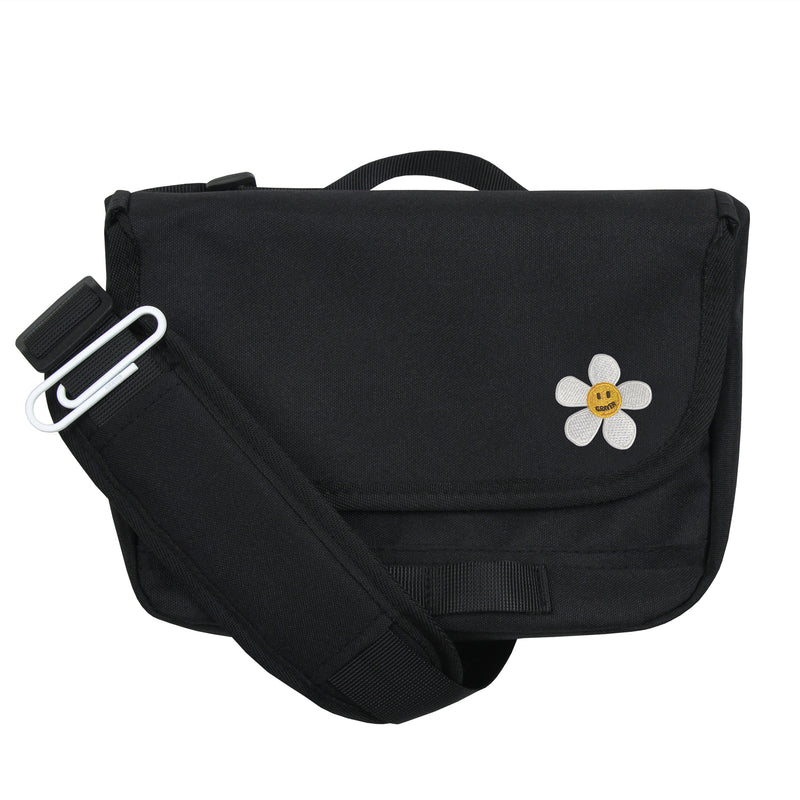[UNISEX] White Flower Smile Embroidery Cross Mini Messenger Bag_Black (6686423449718)