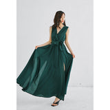 ティールグリーンサープリススリットロングドレス / Teal Green Surplice Slit Long Dress