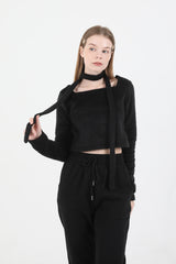 Square Neck Fur Knit T-shirt Muffler Set Black
