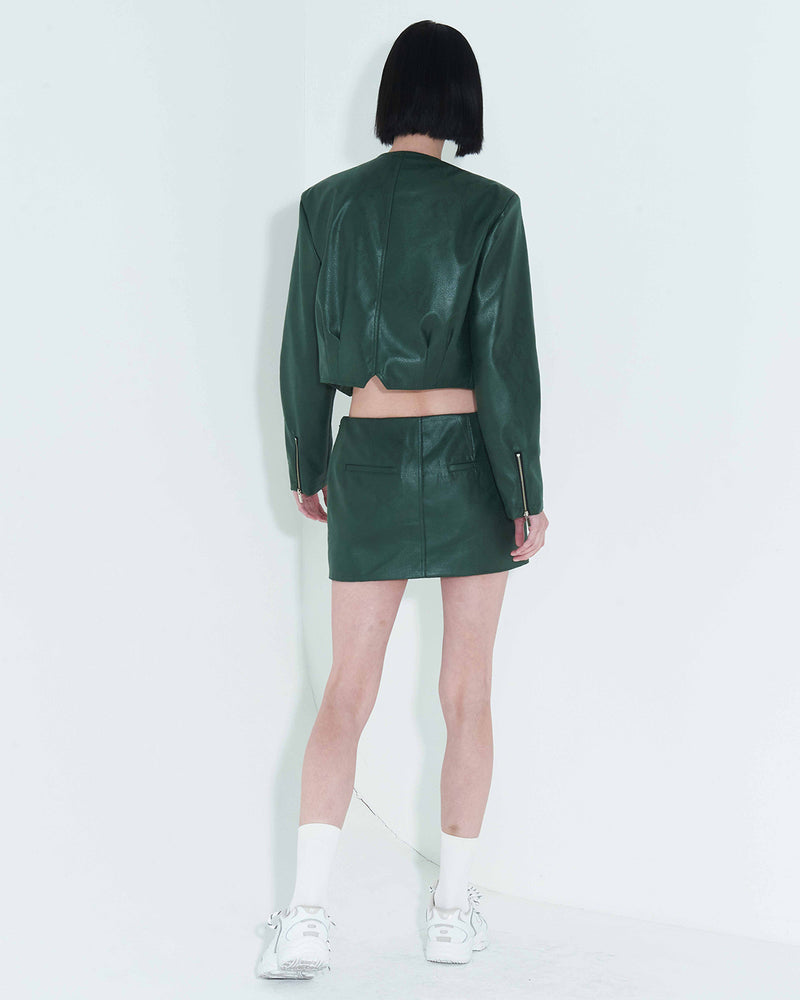 フォーレザークロップドジップアップジャケット / Faux-Leather Cropped Zip-Up Jacket _ Green