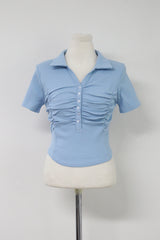 シャーリングボタンカラーTシャツ / SHIRRING BUTTON COLLAR T(WHITE, BEIGE, PINK,LIGHT BLUE, BLACK 5COLORS!)