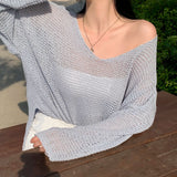 [6color/All summer] V-neck loose fit see-through unbalanced bookle knitwear