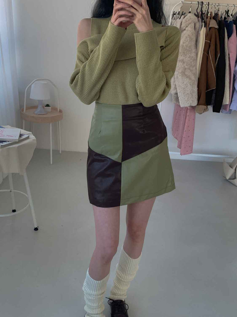 CUT LEATHER CHESS SKIRT(GREEN, BLACK 2COLORS!) (6660262527094)