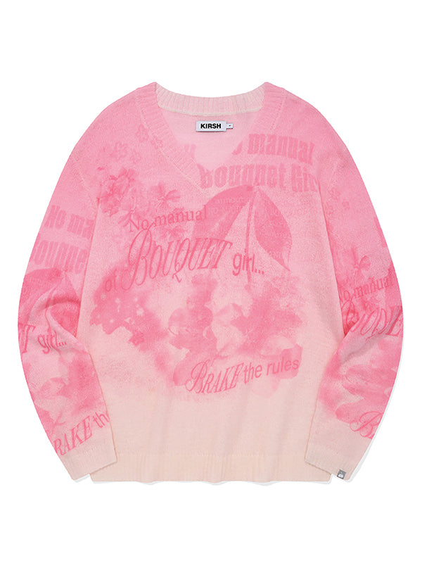 BOUQUET GIRL GRAPHIC V-NECK LOOSE FIT KNIT [PINK]
