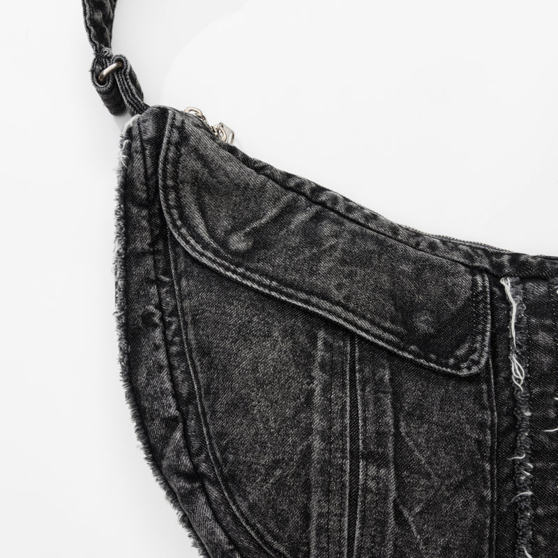 Washed Denim Shoulder Bag (Black)