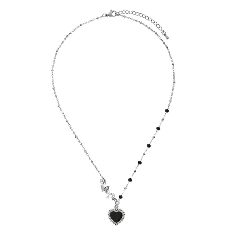 ブラックレースハートビーズネックレス / Black Lace Heart Beads Necklace
