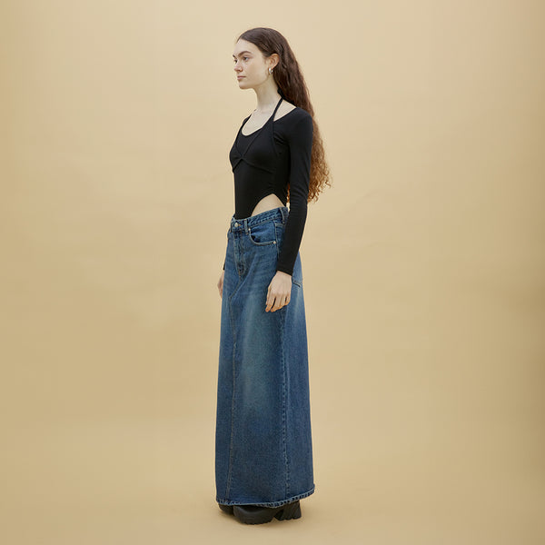 Low-Rise Back Slit Maxi Skirt (BLUE)