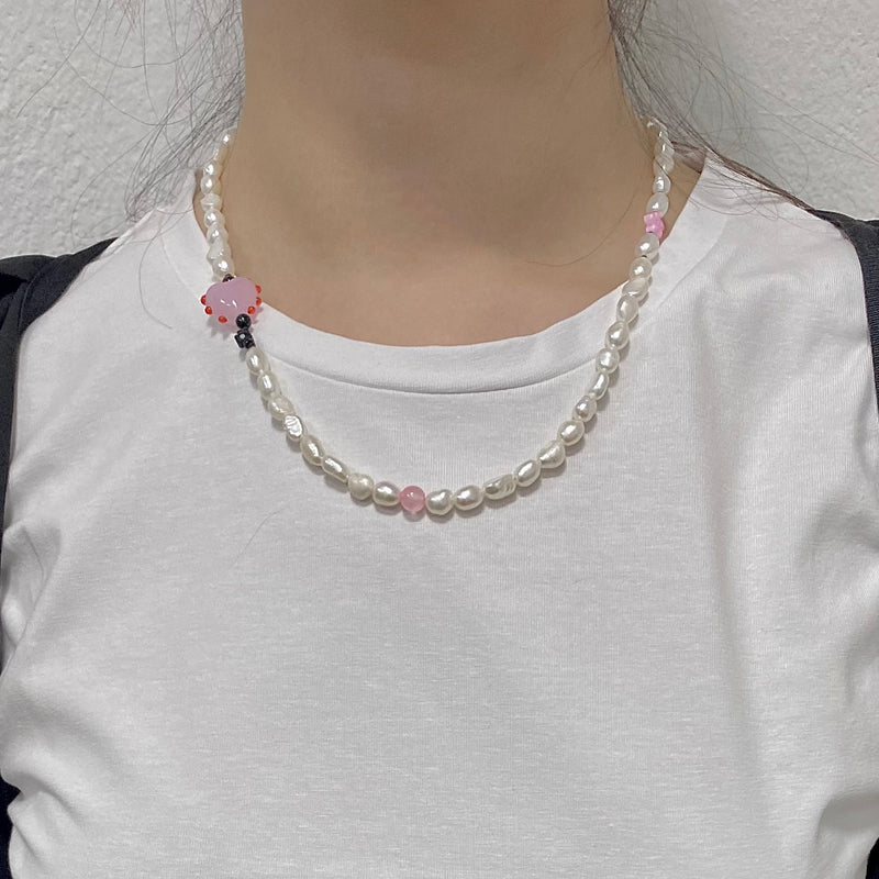 ハートミックスパールネックレス / Heart mix pearl necklace (pink)