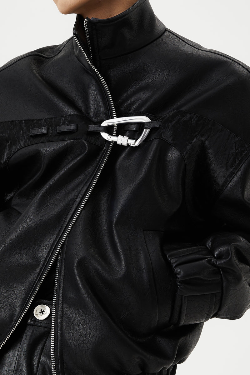 double zipper chest staggered black leather jacket