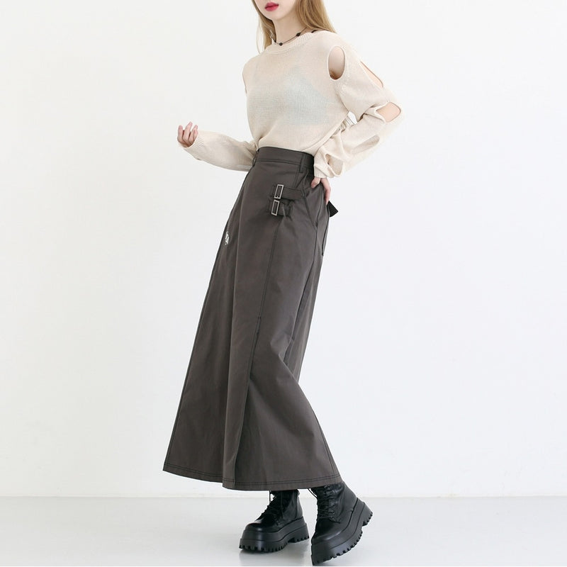[NONCODE] Shord Buckle Stitch Long Skirt (6598524895350)