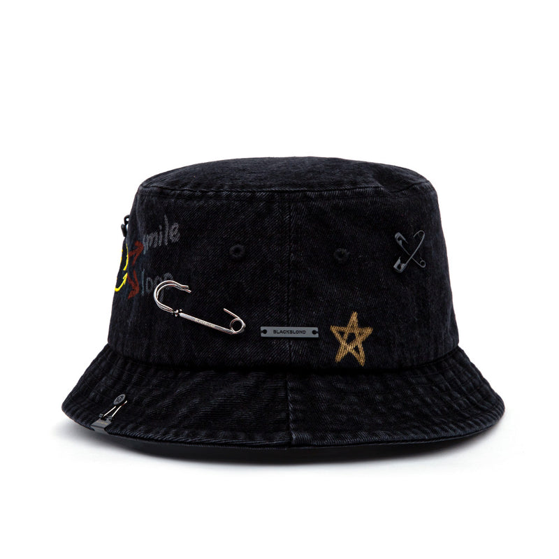 BBD Smile Logo Denim Bucket Hat Custom Ver. (Black) (4648579661942)