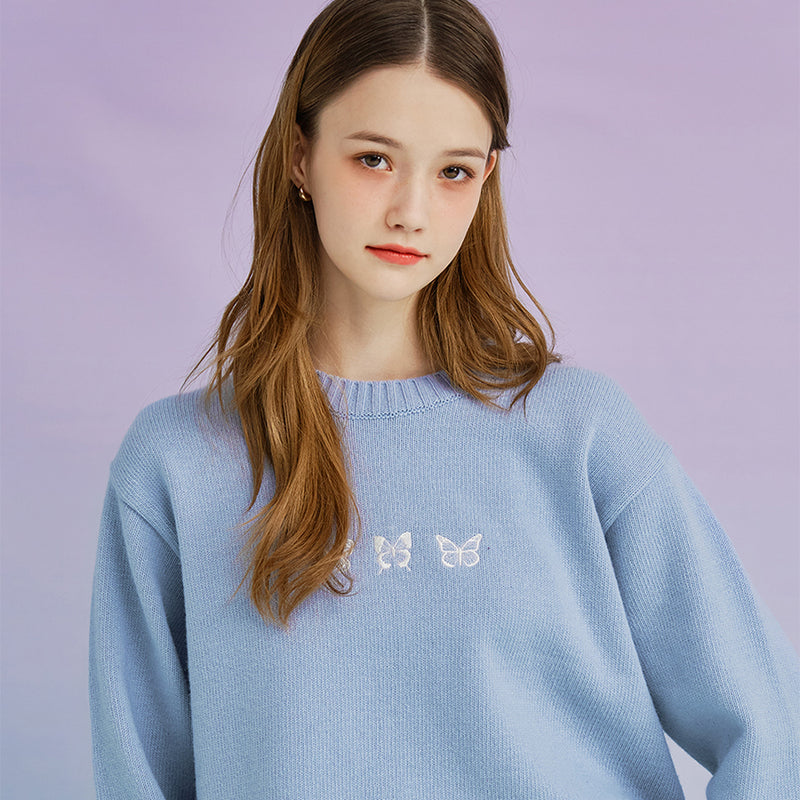 トリプルバタフライ刺繡ウールセーター/Triple Butterfly Embroidered Wool Sweater ( 4 Colors )