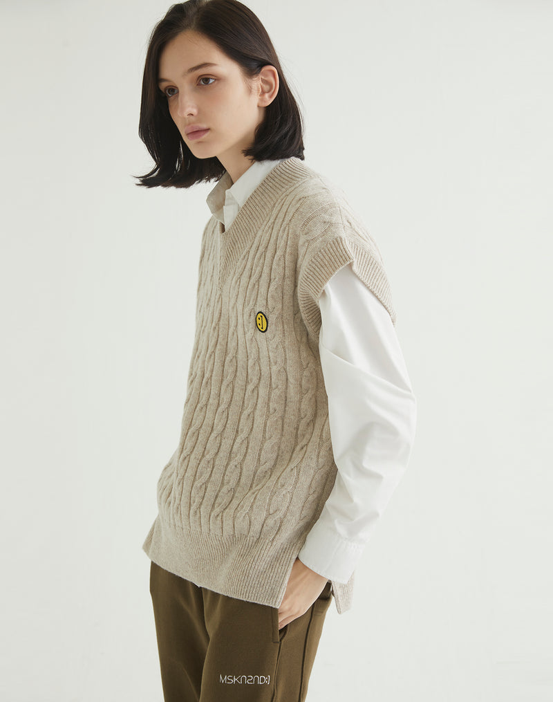 OVERSIZED CABLE KNIT VEST OATMEAL (6608600957046)