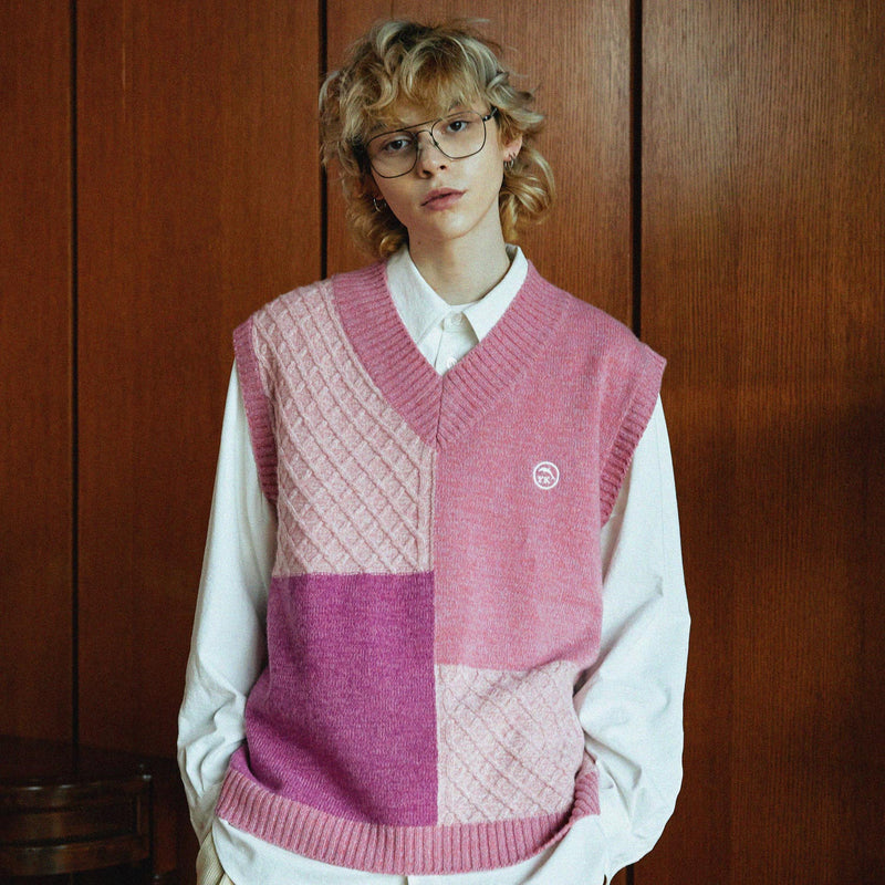 カラーブロックウールニットベスト / Tone on tone color block wool knit vest