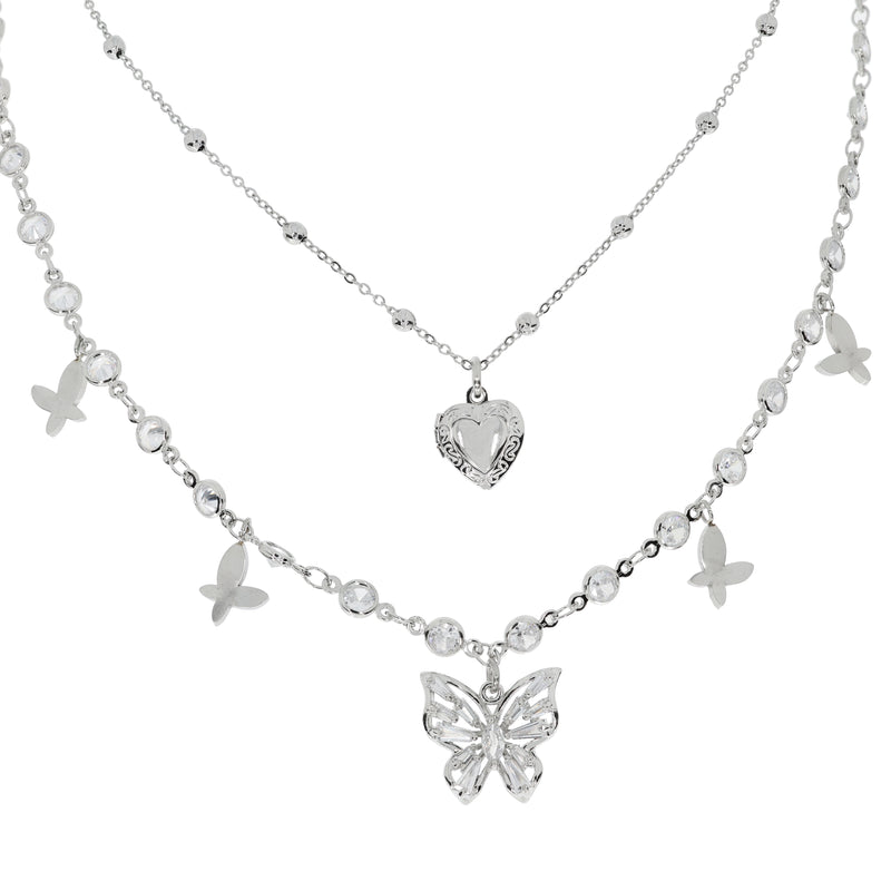 グラスチェーンオープンハート バタフライネックレス/Glass Chain Open Heart Butterfly Necklace