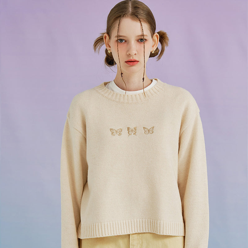 トリプルバタフライ刺繡ウールセーター/Triple Butterfly Embroidered Wool Sweater ( 4 Colors )
