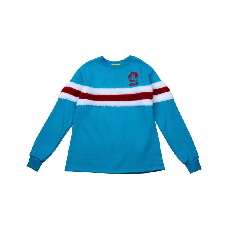 [UNISEX] Faux-shearling Striped-Trim Pullover (Blue) (6656033620086)