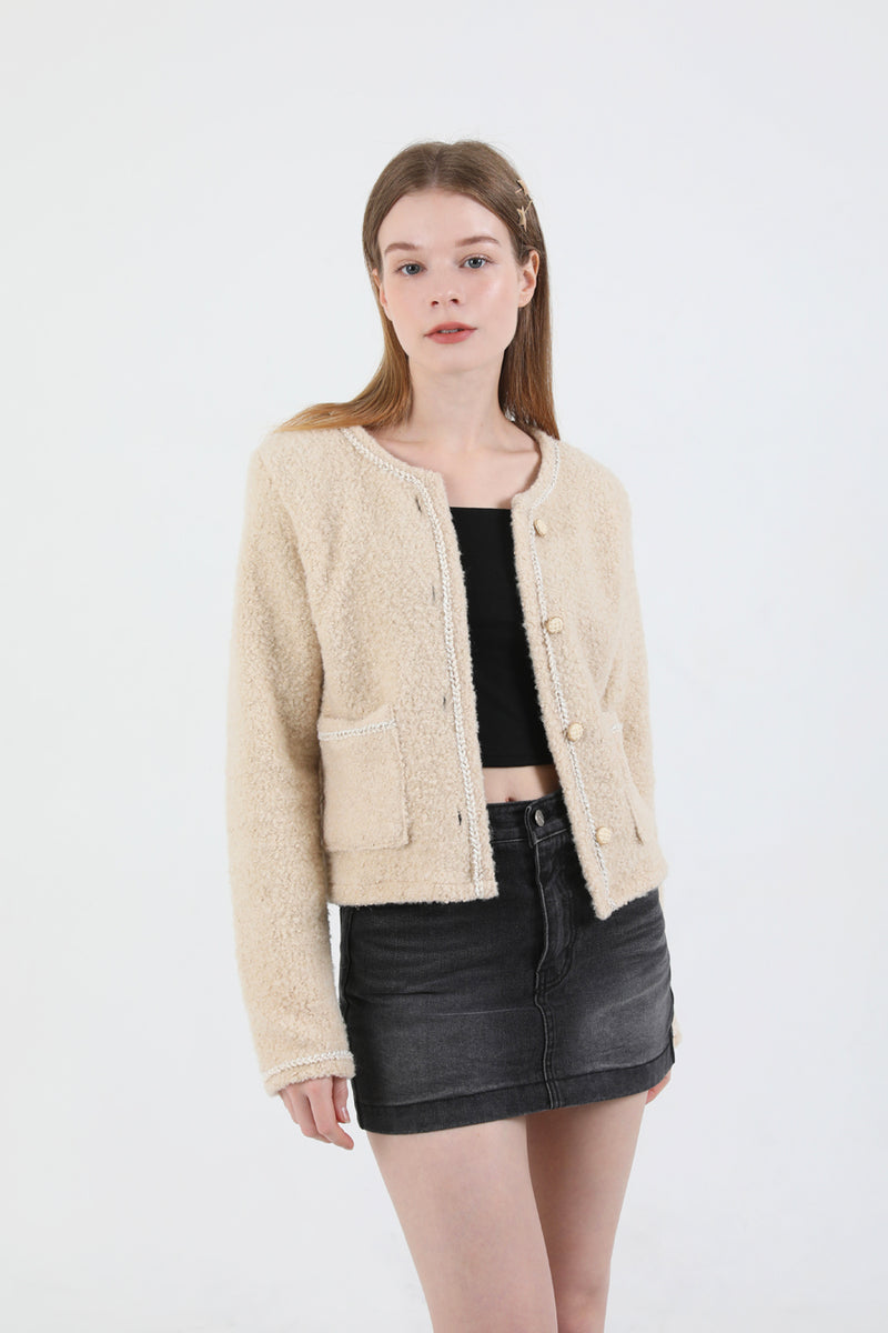 Tweed Wool Fur Jacket Beige