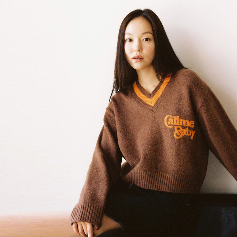 [Call Me Baby] Baby V-Neck Cropped Knit (Brown) / ブイネッククロップニット(Brown) (6627539615862)