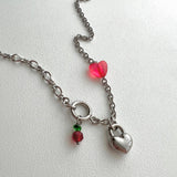 キッチーチェリービーズハートロックハンドメイドネックレス / chi Kitchee Cherry Beads Heart Lock Handmade Necklace