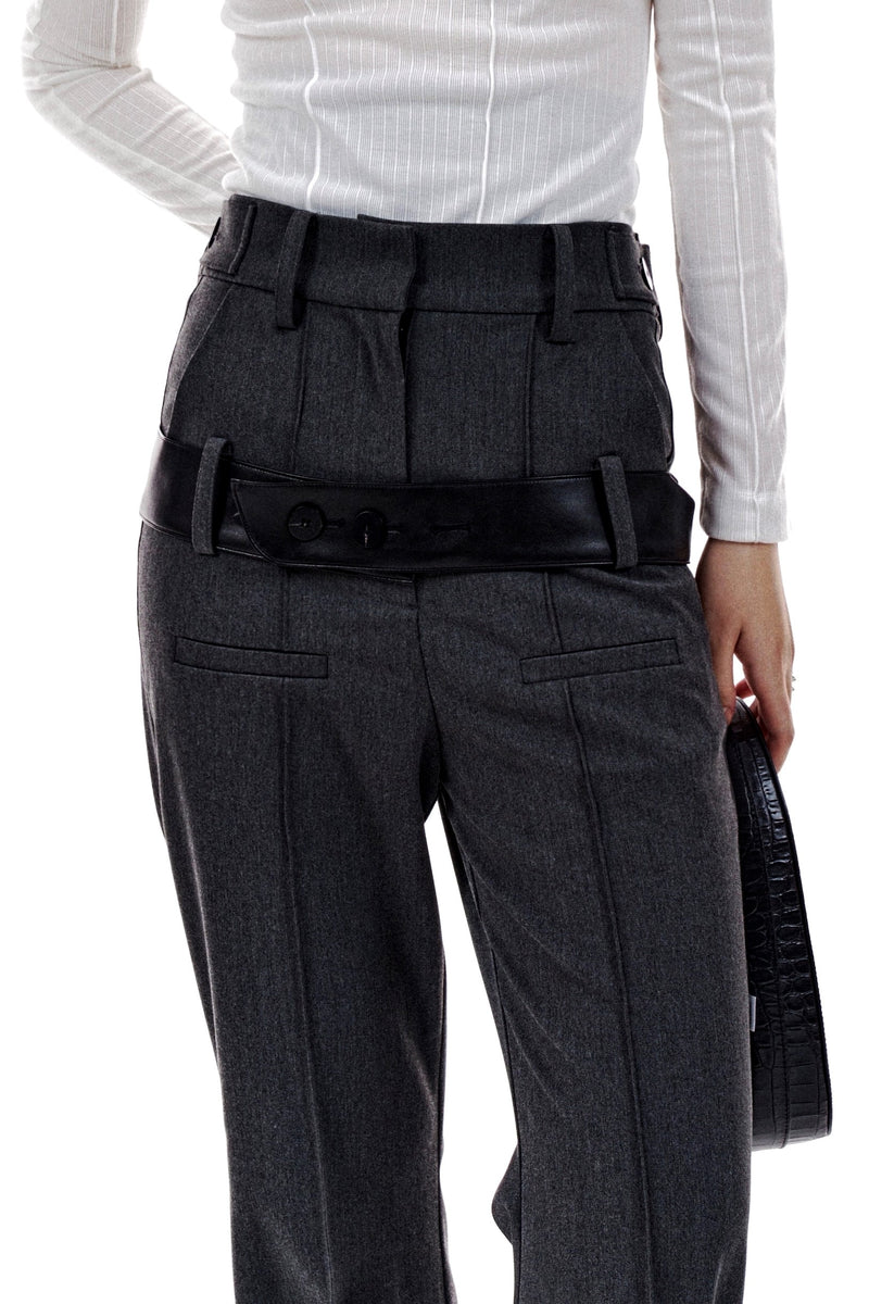 LEATHER STRAP TAILORED PANTS (CHARCOAL) (6654715560054)
