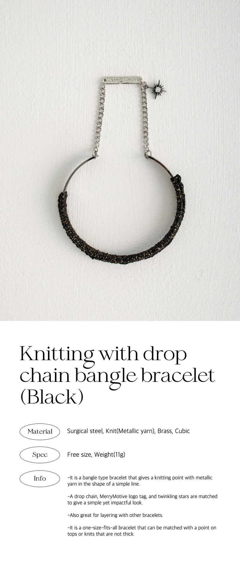 ニッティングウィズドロップチェーンバングルブレスレット/Knitting with drop chain bangle bracelet (Black)