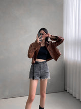 Mone French Leather Crop Shirt Jacket (2color) (6603994136694)