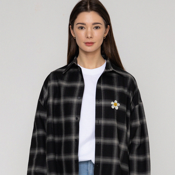 Flower dot embroidery overfit check shirt