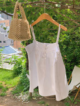 オーセンティックシャーリングサマーヴィンテージノースリーブレースブラウス / Authentic lace string sleeveless shirring summer vintage blouse (2 colors)