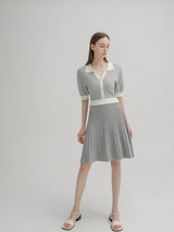 ツイードオープンカラーニットドレス / (OP-5935) Tweed open collar knit dress