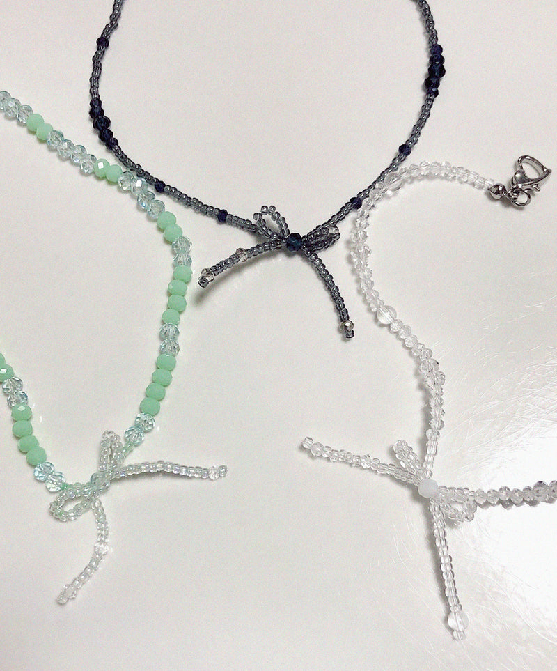 ミニリボンビーズネックレス/Mini Ribbon Beaded Necklace White/Gray/Green