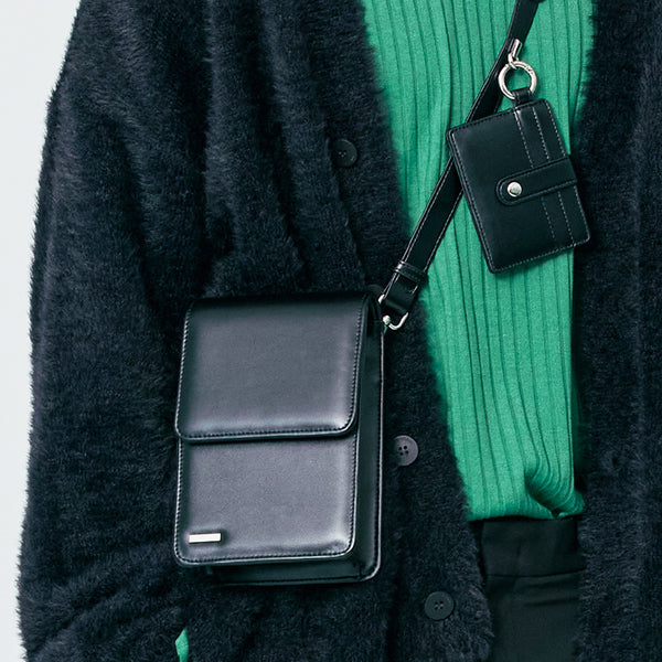 [Mサイズ] ミニマルバースクエアレザーバッグ&マルチカードウォレット / [M size]minimal bar square leather bag & multi card wallet black