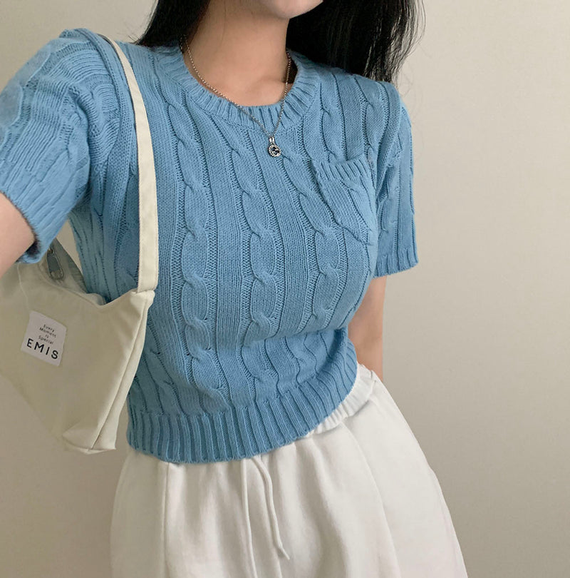 [4color] Cotton pocket twisted short-sleeved knitwear