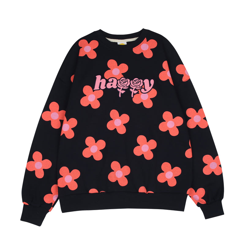 Pink flower pattern Sweat-shirt [Navy] (6535252770934)