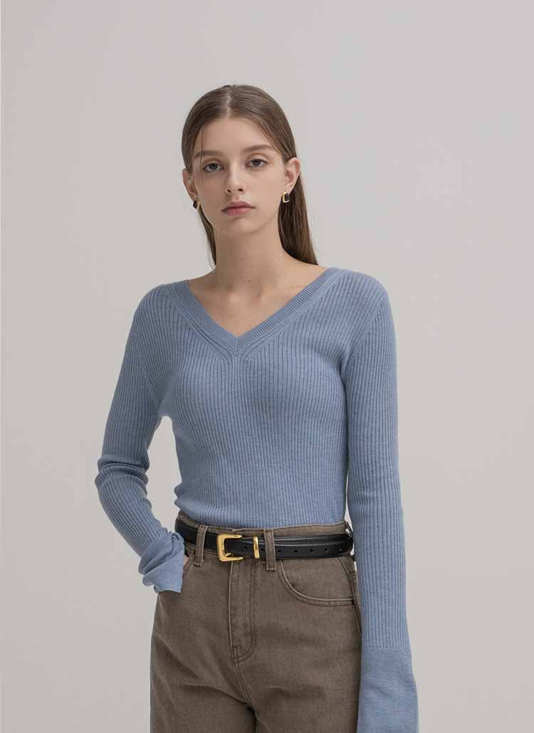 Vネック ウールスリムフィットニット/(R-T-6014) V-neck wool slim fit knitwear