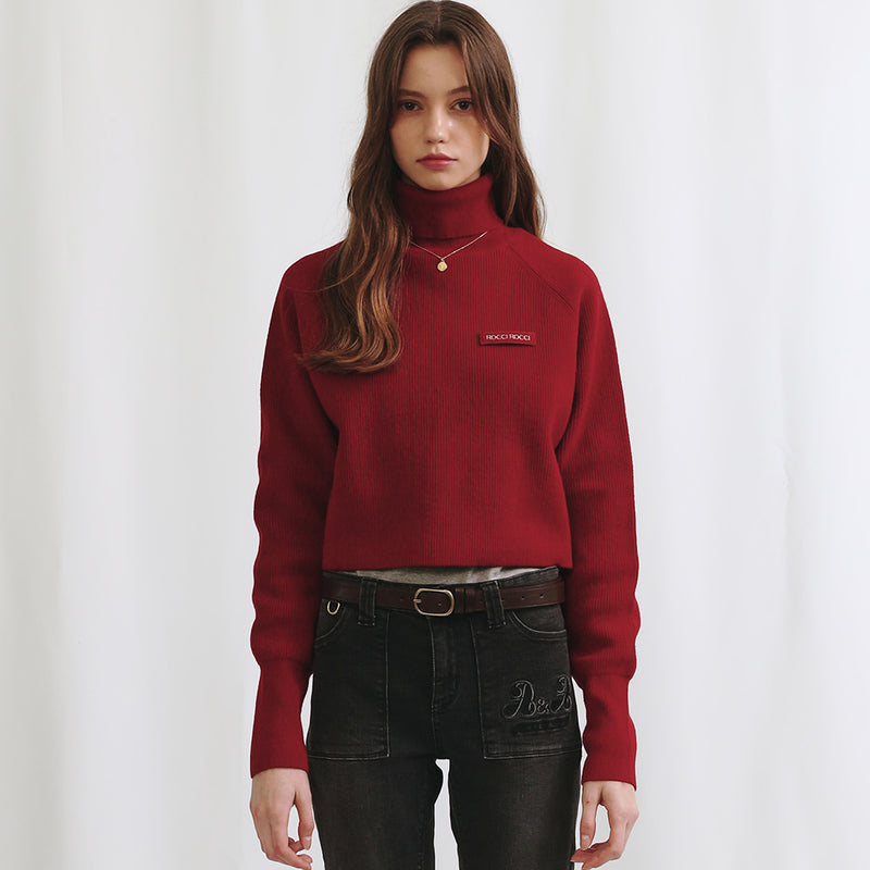 Turtle Neck Crop Knit Top [RED]